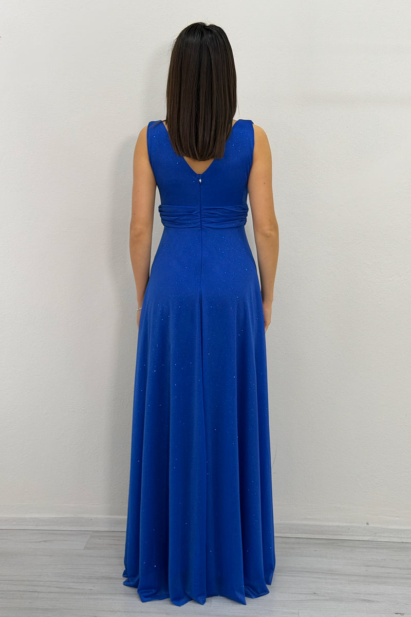 Saxe Blue Glittery Tulle Maxi Evening Dress