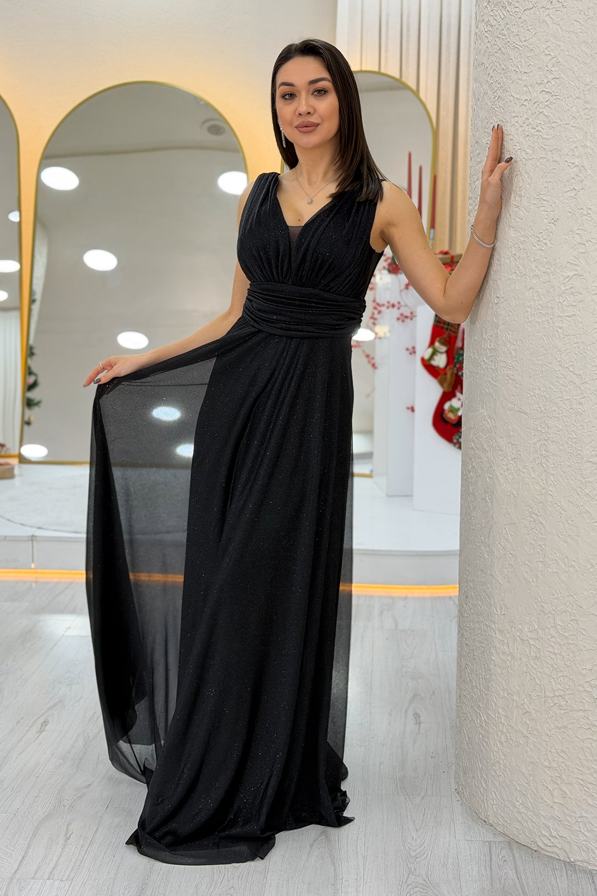 Black Glittery Tulle Maxi Evening Dress