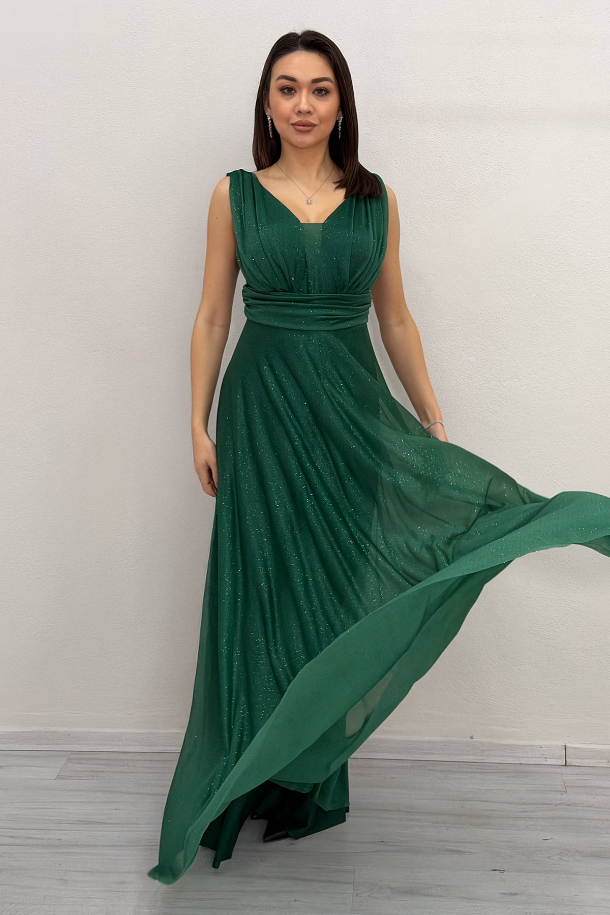 Emerald Green Glittery Tulle Maxi Evening Dress