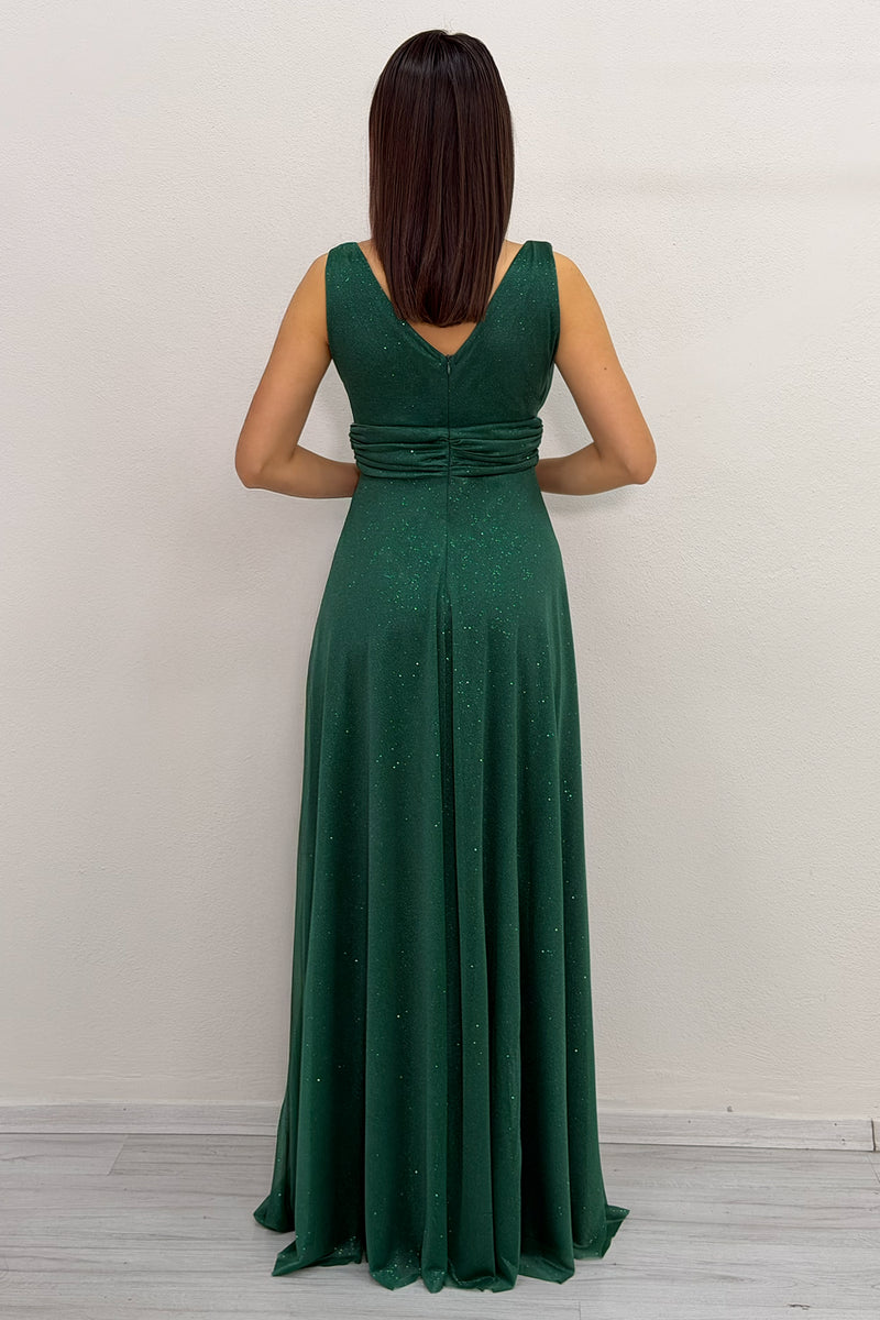 Emerald Green Glittery Tulle Maxi Evening Dress