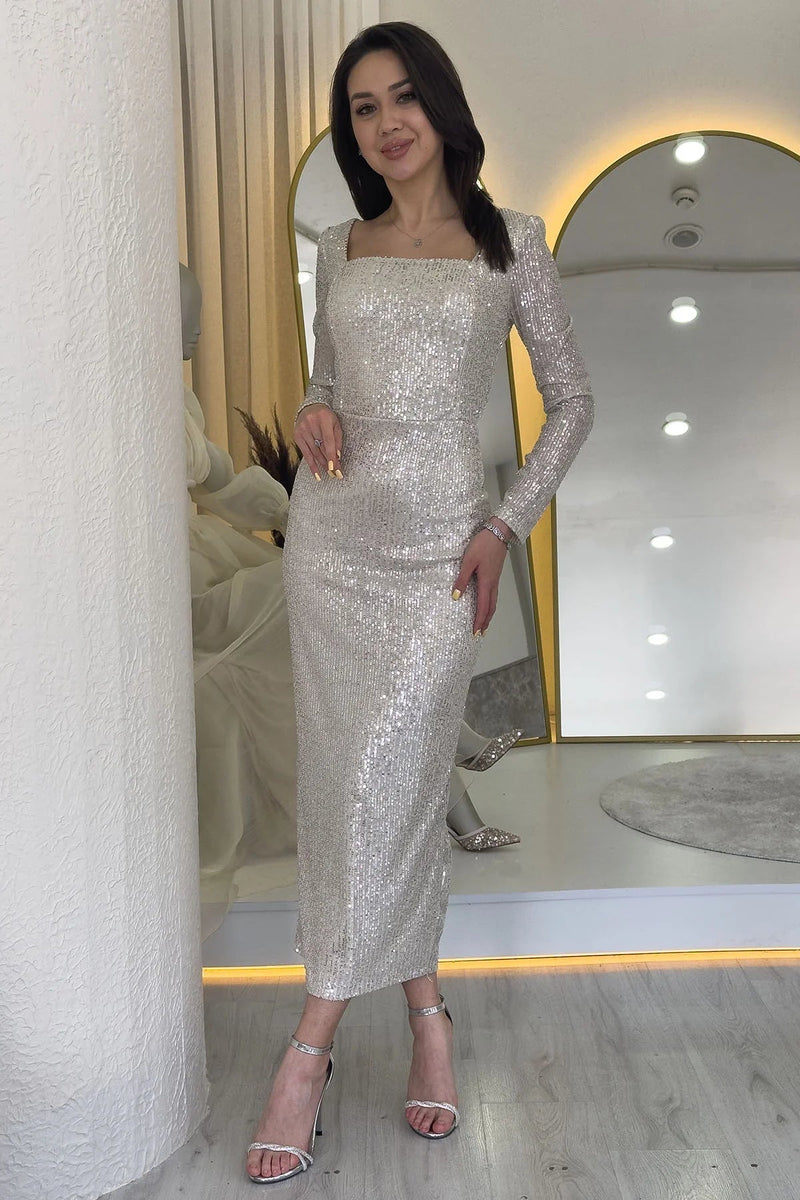 Women's Beige Square Neck Sequin Evening Gown