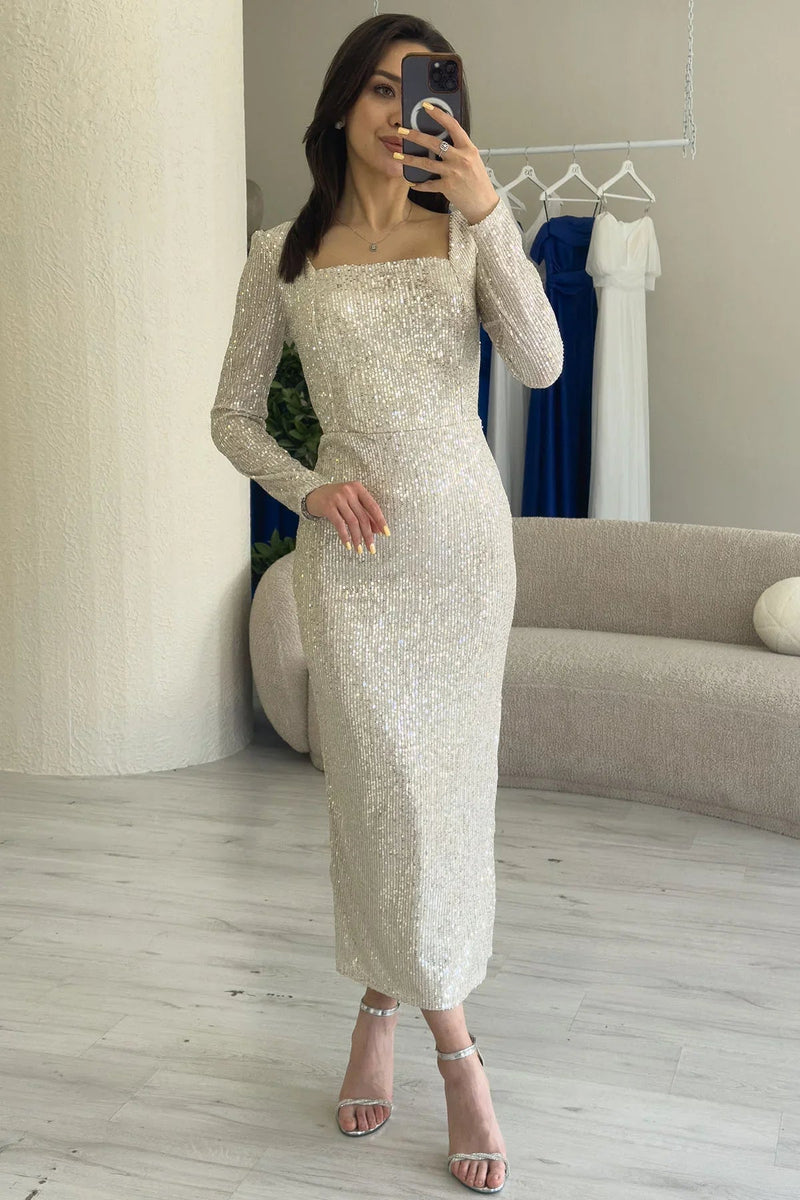 Women's Beige Square Neck Sequin Evening Gown