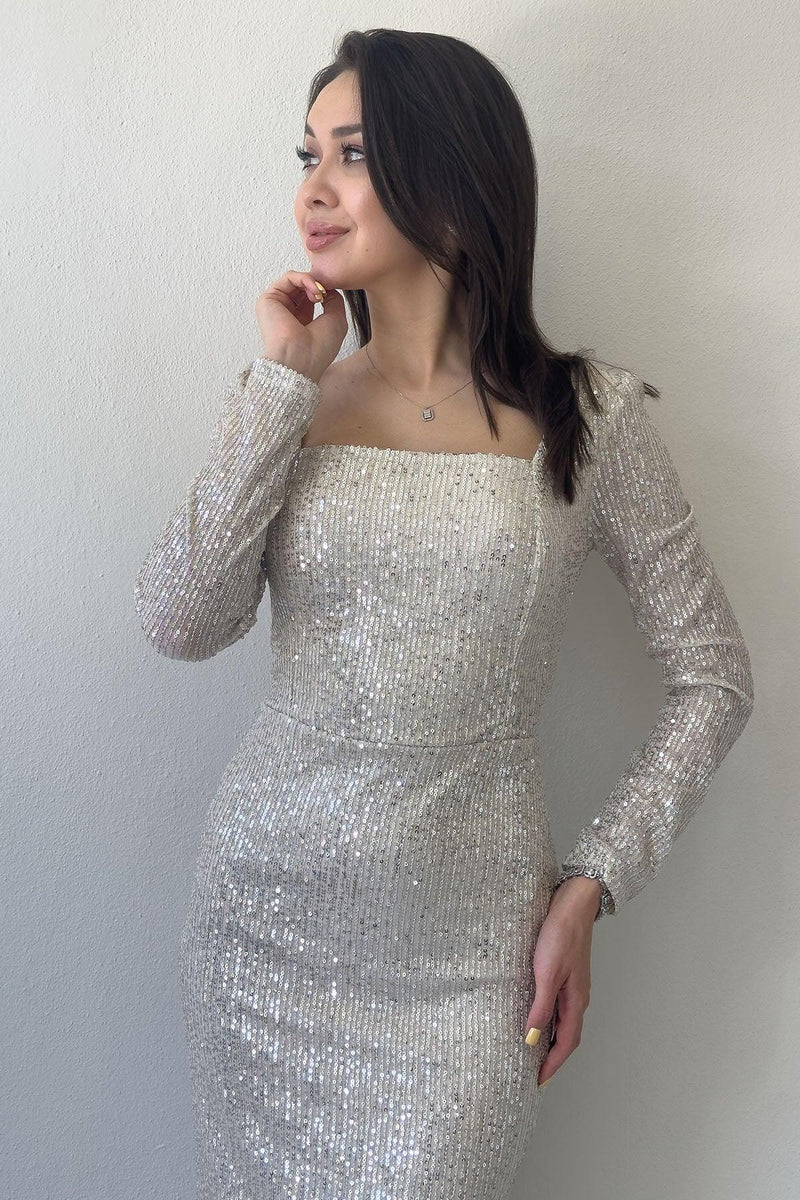 Women's Beige Square Neck Sequin Evening Gown