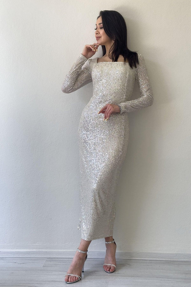 Women's Beige Square Neck Sequin Evening Gown