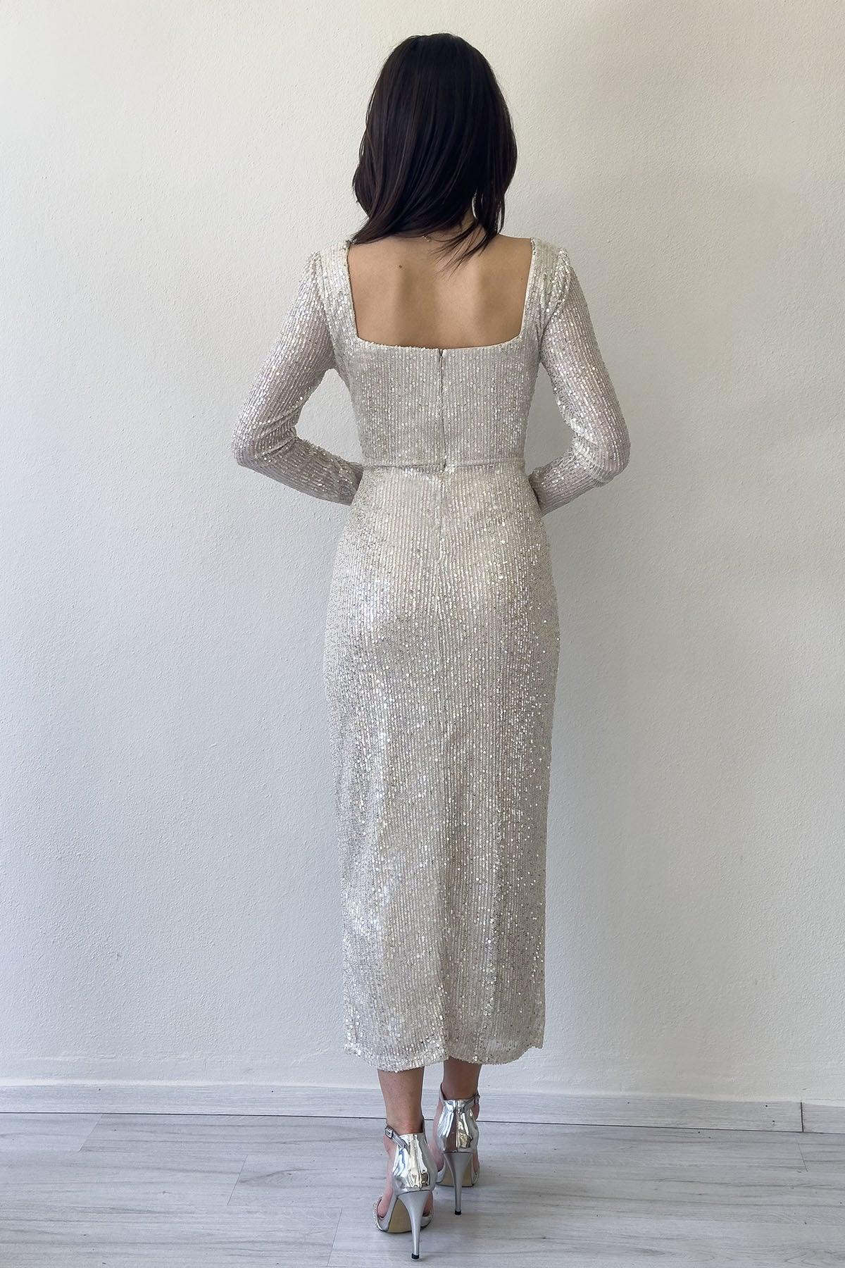 Women's Beige Square Neck Sequin Evening Gown