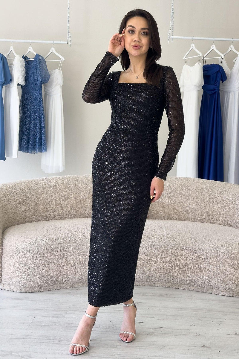 Women's Black Square Neck Sequin Evening Gown