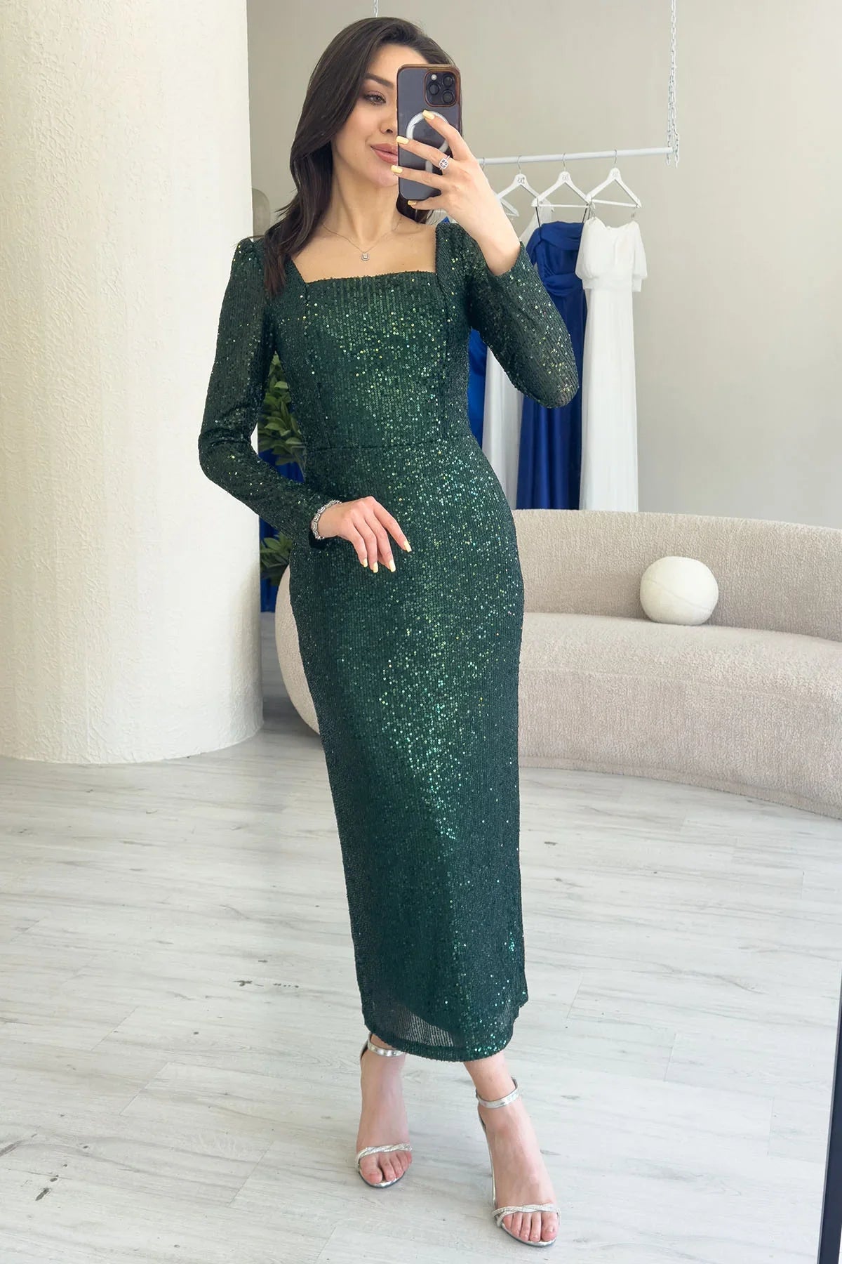 Women's Emerald Green Square Neck Sequin Evening Gown