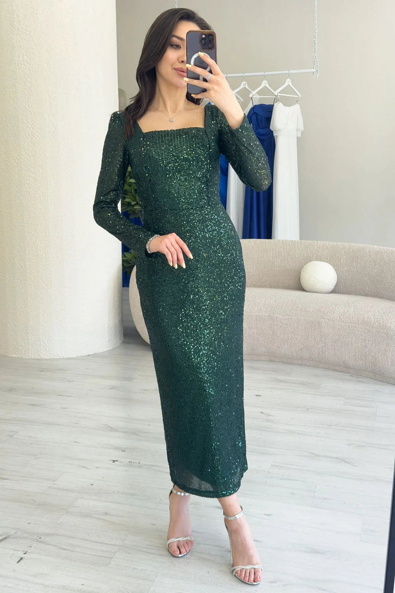 Women's Emerald Green Square Neck Sequin Evening Gown