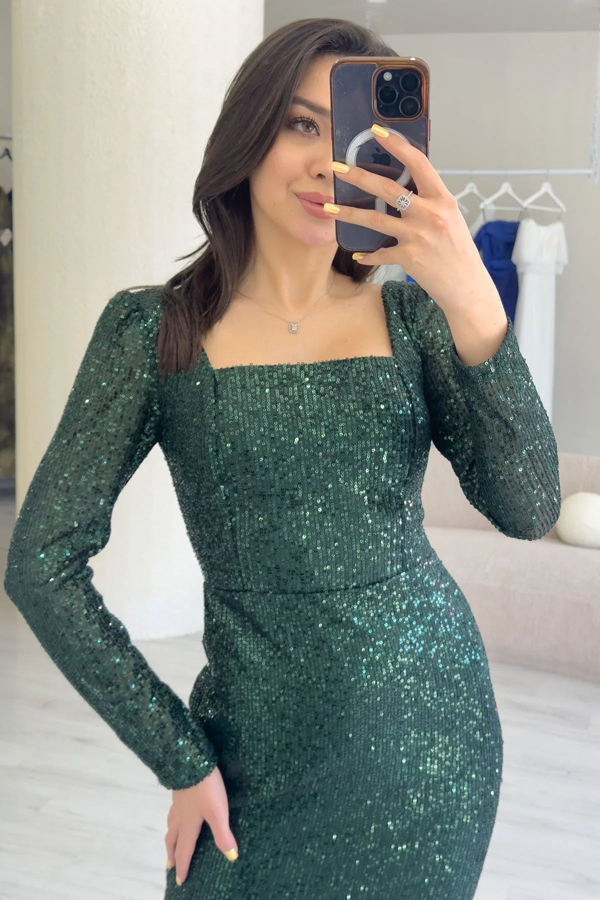 Women's Emerald Green Square Neck Sequin Evening Gown