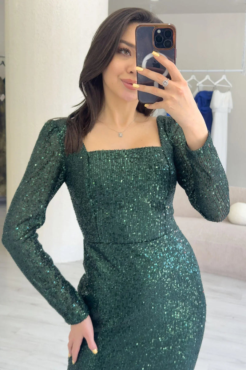 Women's Emerald Green Square Neck Sequin Evening Gown
