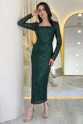 Emerald Green Square Neck Sequin Evening Dress