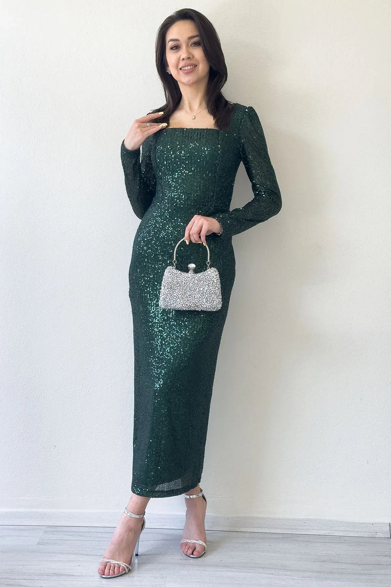 Women's Emerald Green Square Neck Sequin Evening Gown