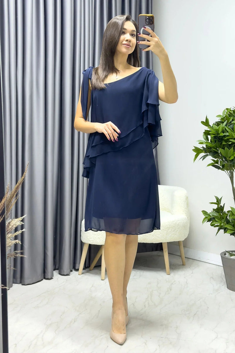 Women's Navy Blue Tek Omuz Tie Chiffon Plus Size Dress