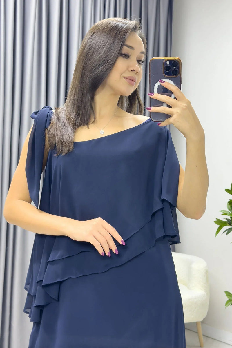 Women's Navy Blue Tek Omuz Tie Chiffon Plus Size Dress