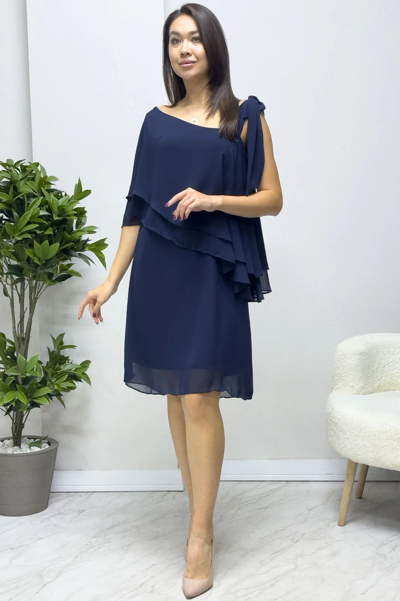 Women's Navy Blue Tek Omuz Tie Chiffon Plus Size Dress