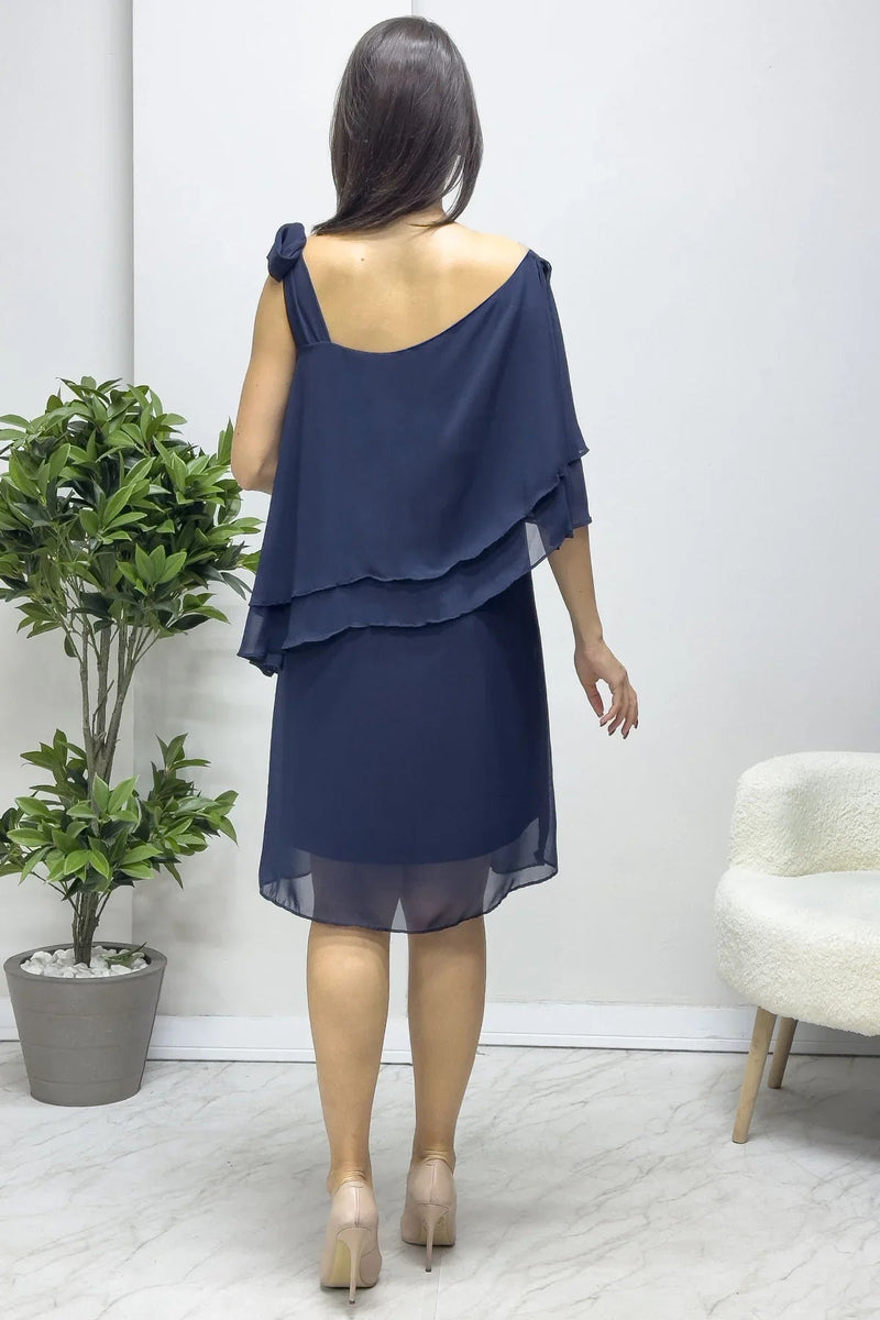 Women's Navy Blue Tek Omuz Tie Chiffon Plus Size Dress