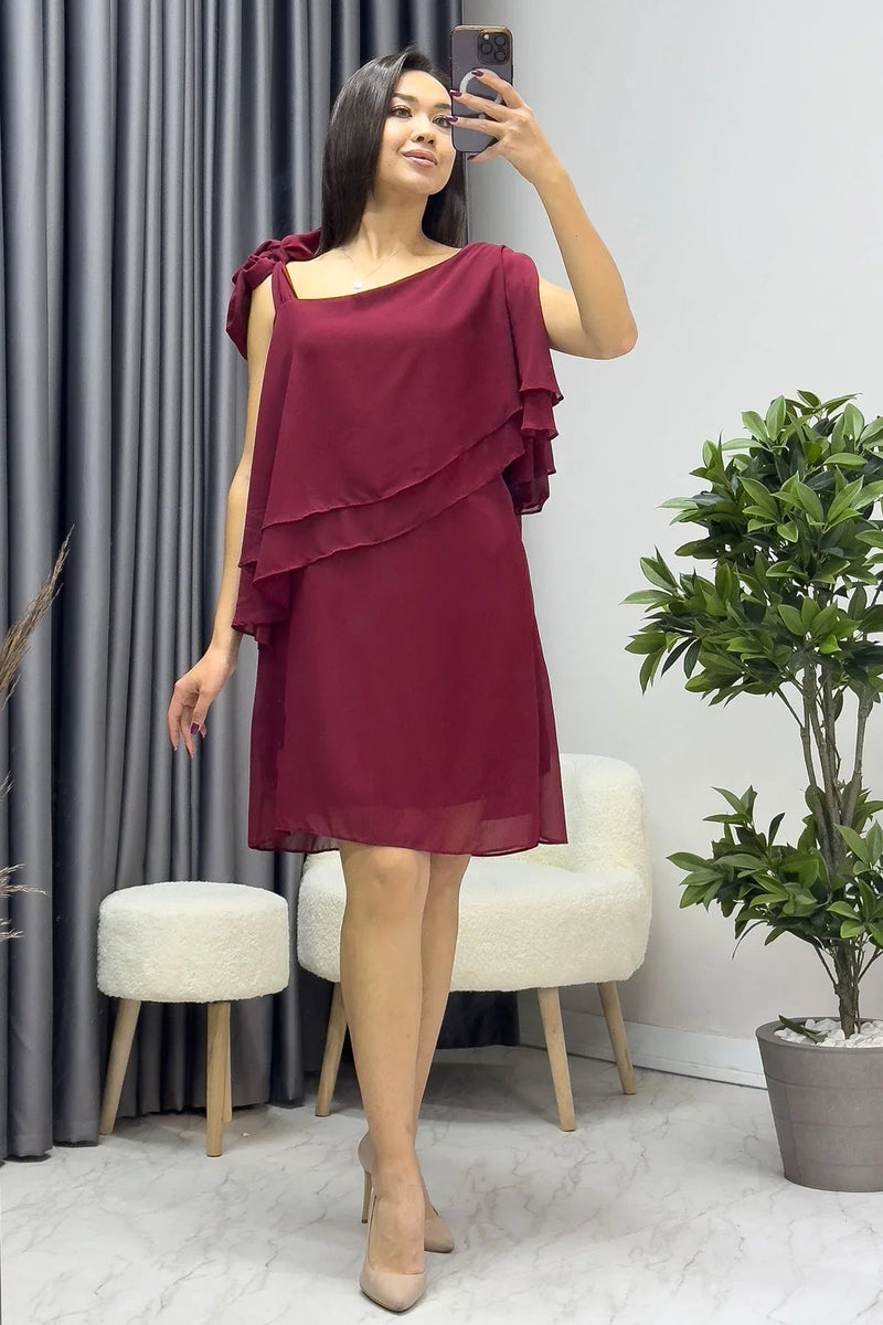 Women's Burgundy Tek Omuz Tie Chiffon Plus Size Dress