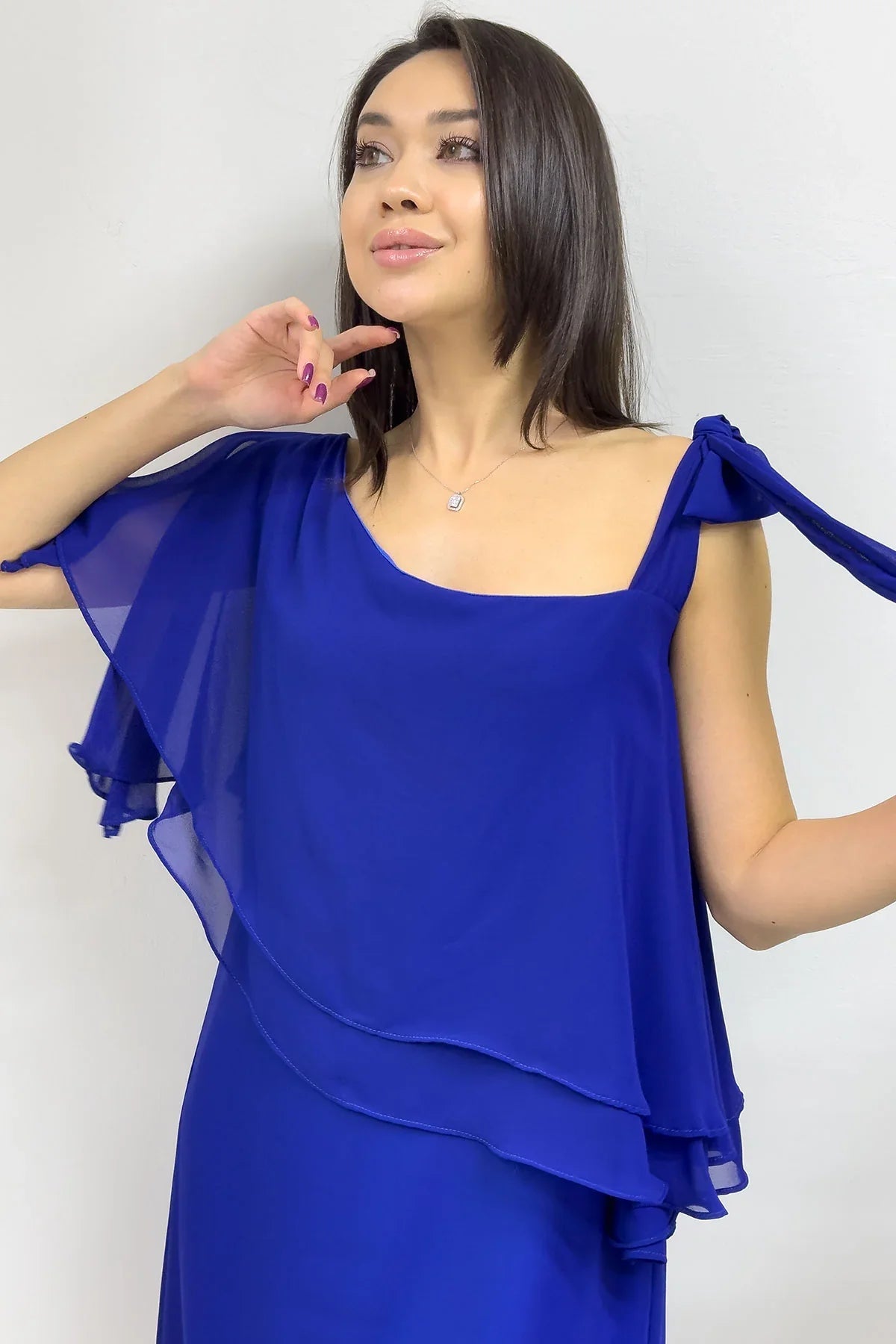 Women's Saxe Bluesi Tek Omuz Tie Chiffon Plus Size Dress