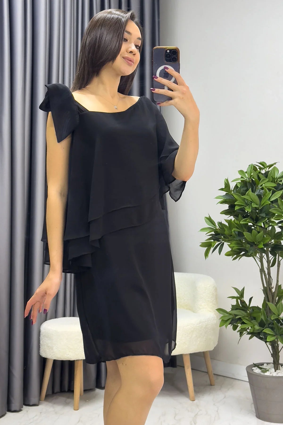 Women's Black Tek Omuz Tie Chiffon Plus Size Dress