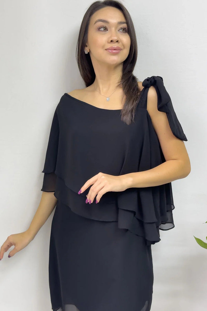 Women's Black Tek Omuz Tie Chiffon Plus Size Dress