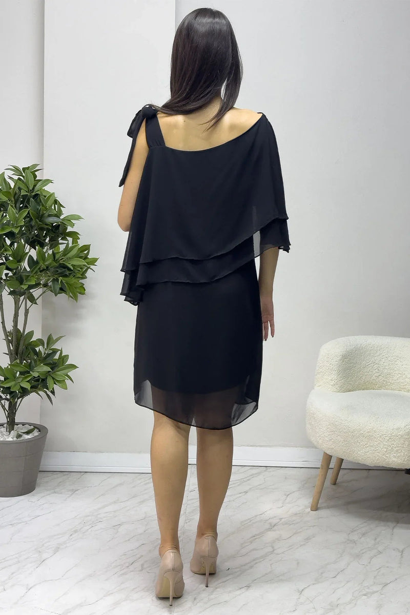 Women's Black Tek Omuz Tie Chiffon Plus Size Dress