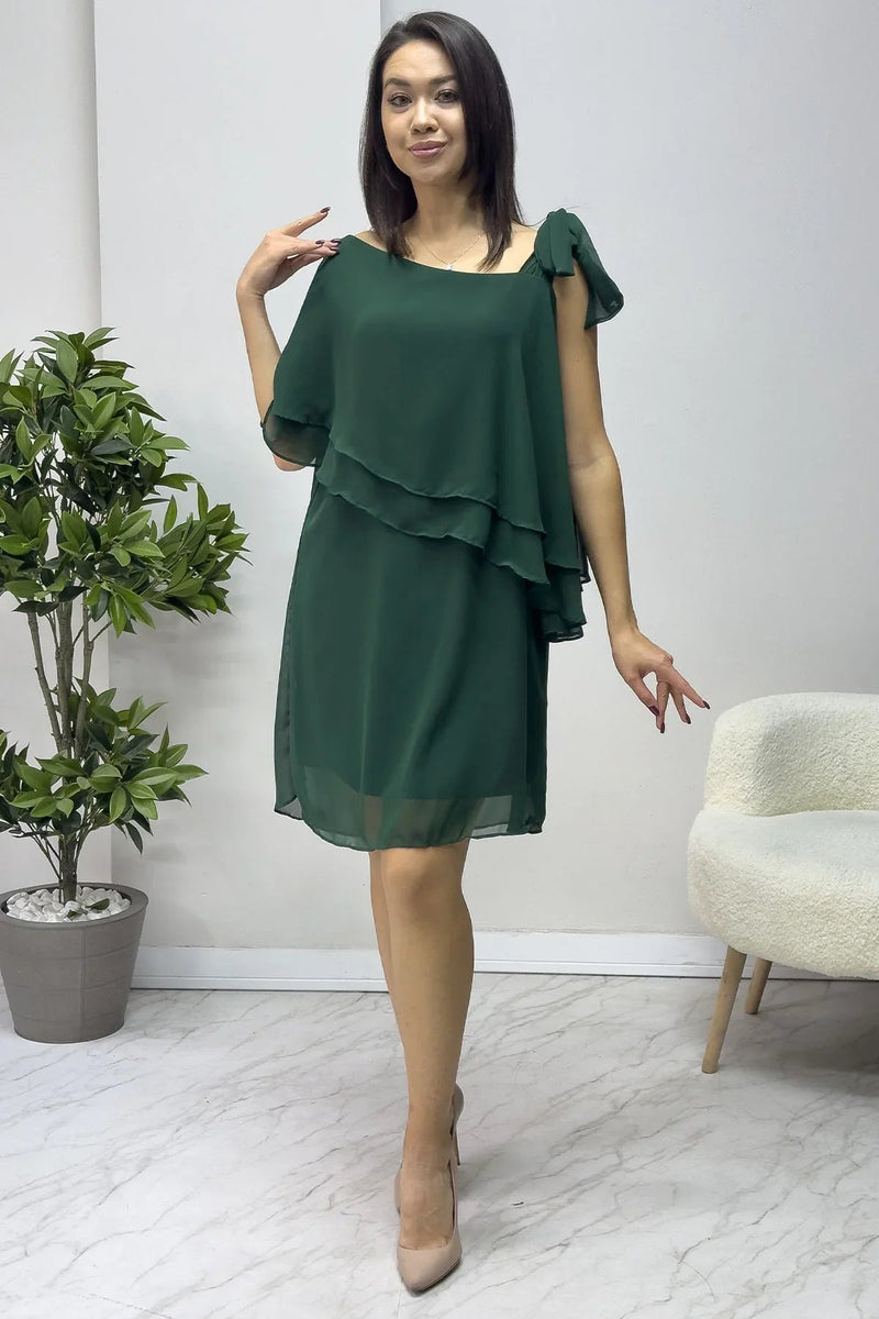 Women's Emerald Green Tek Omuz Tie Chiffon Plus Size Dress