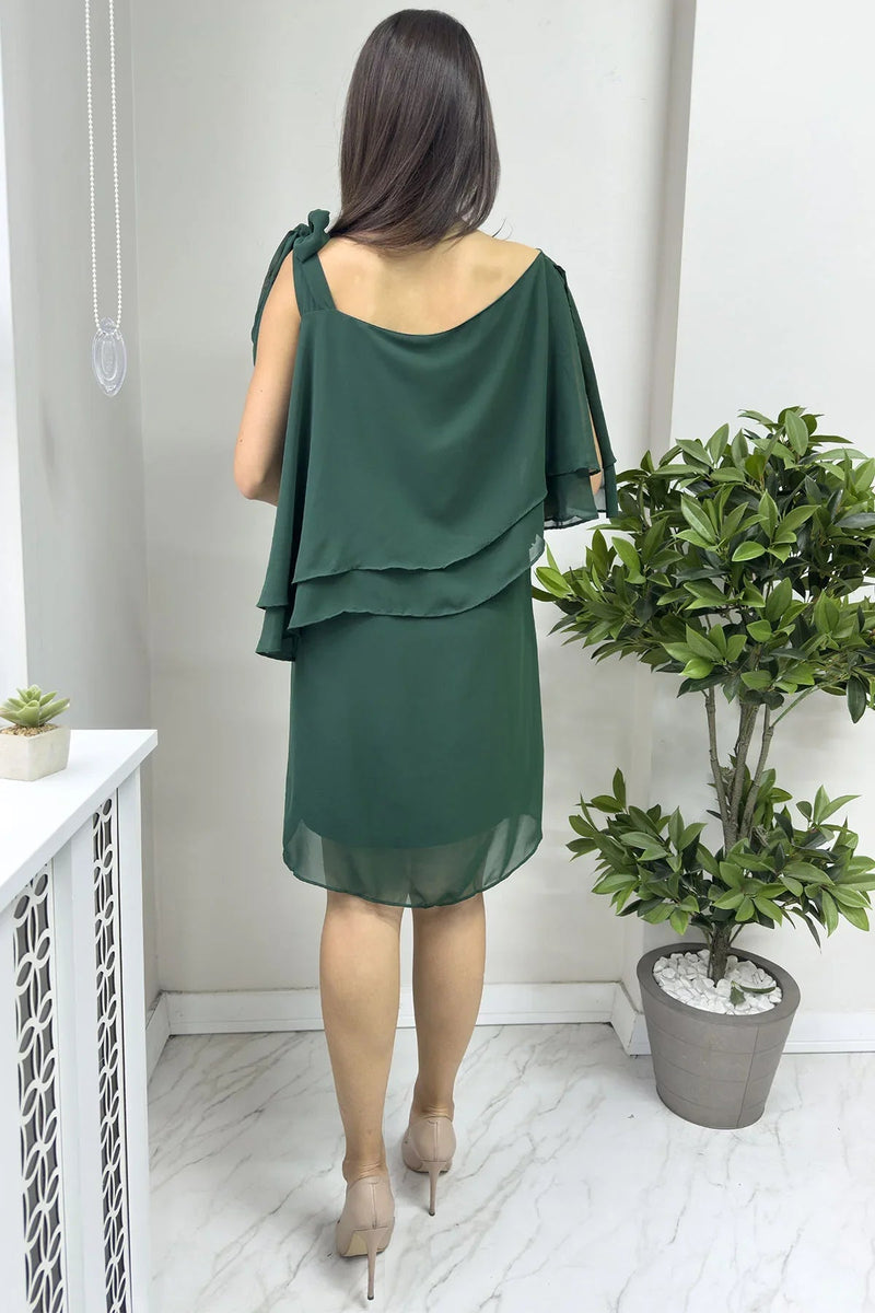 Women's Emerald Green Tek Omuz Tie Chiffon Plus Size Dress