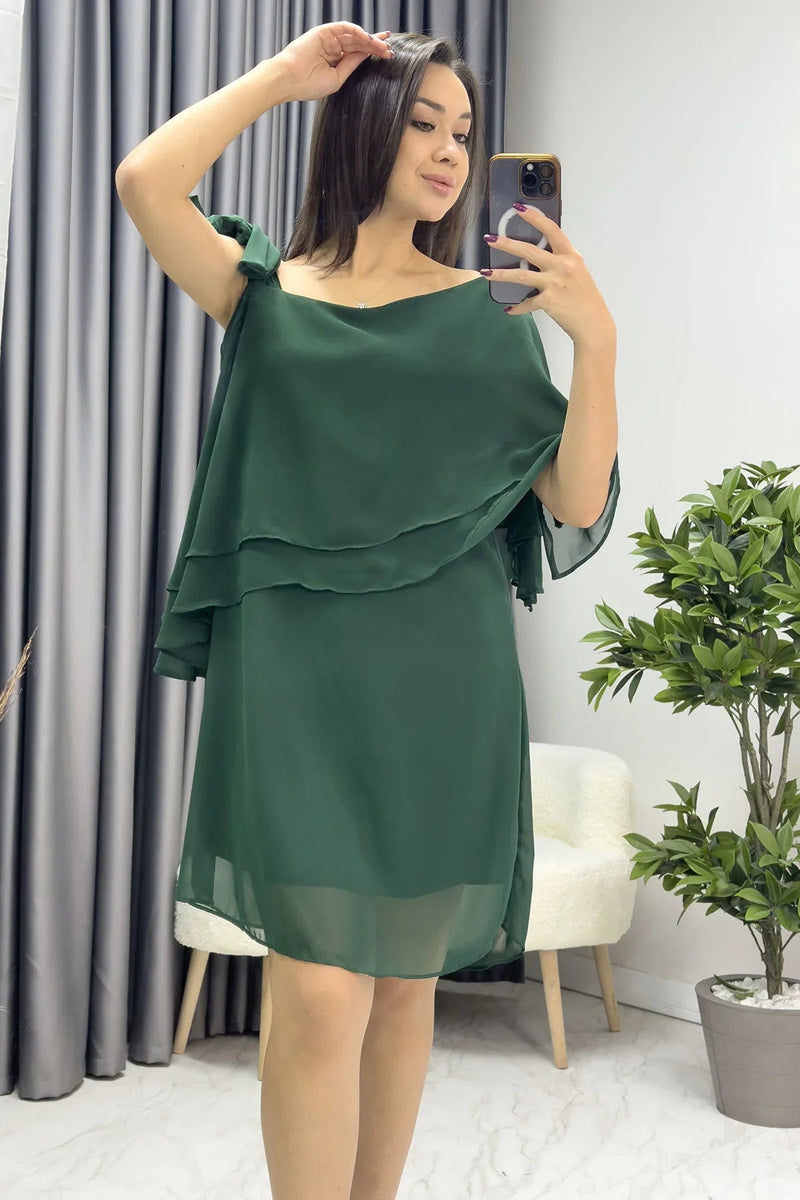 Women's Emerald Green Tek Omuz Tie Chiffon Plus Size Dress
