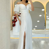 White Short-Sleeve Maxi Chiffon Evening Dress