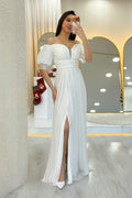 White Short-Sleeve Maxi Chiffon Evening Dress