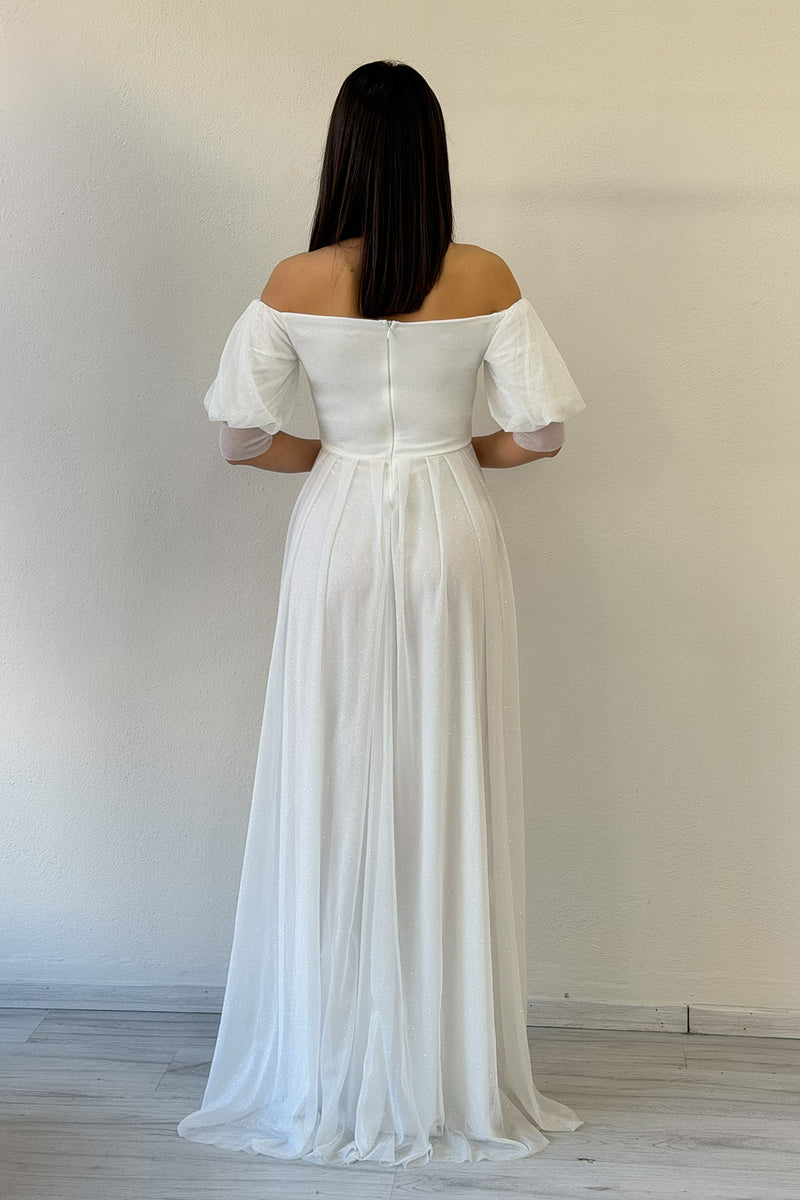 White Short-Sleeve Maxi Chiffon Evening Dress