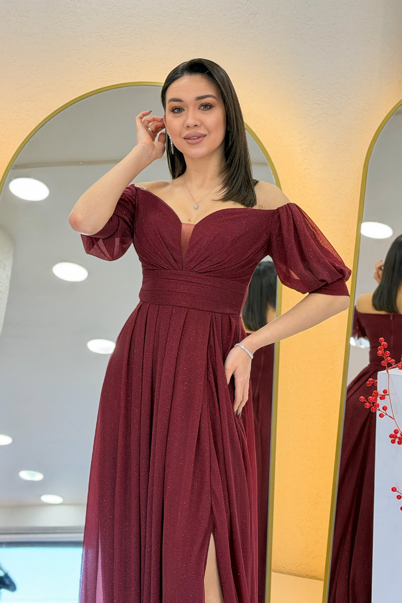 Burgundy Short-Sleeve Maxi Chiffon Evening Dress