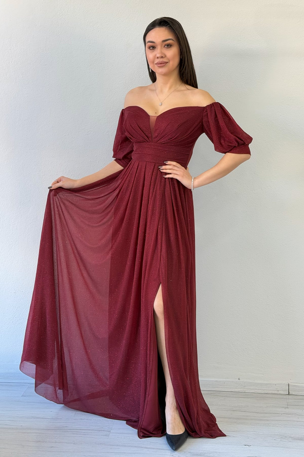 Burgundy Short-Sleeve Maxi Chiffon Evening Dress