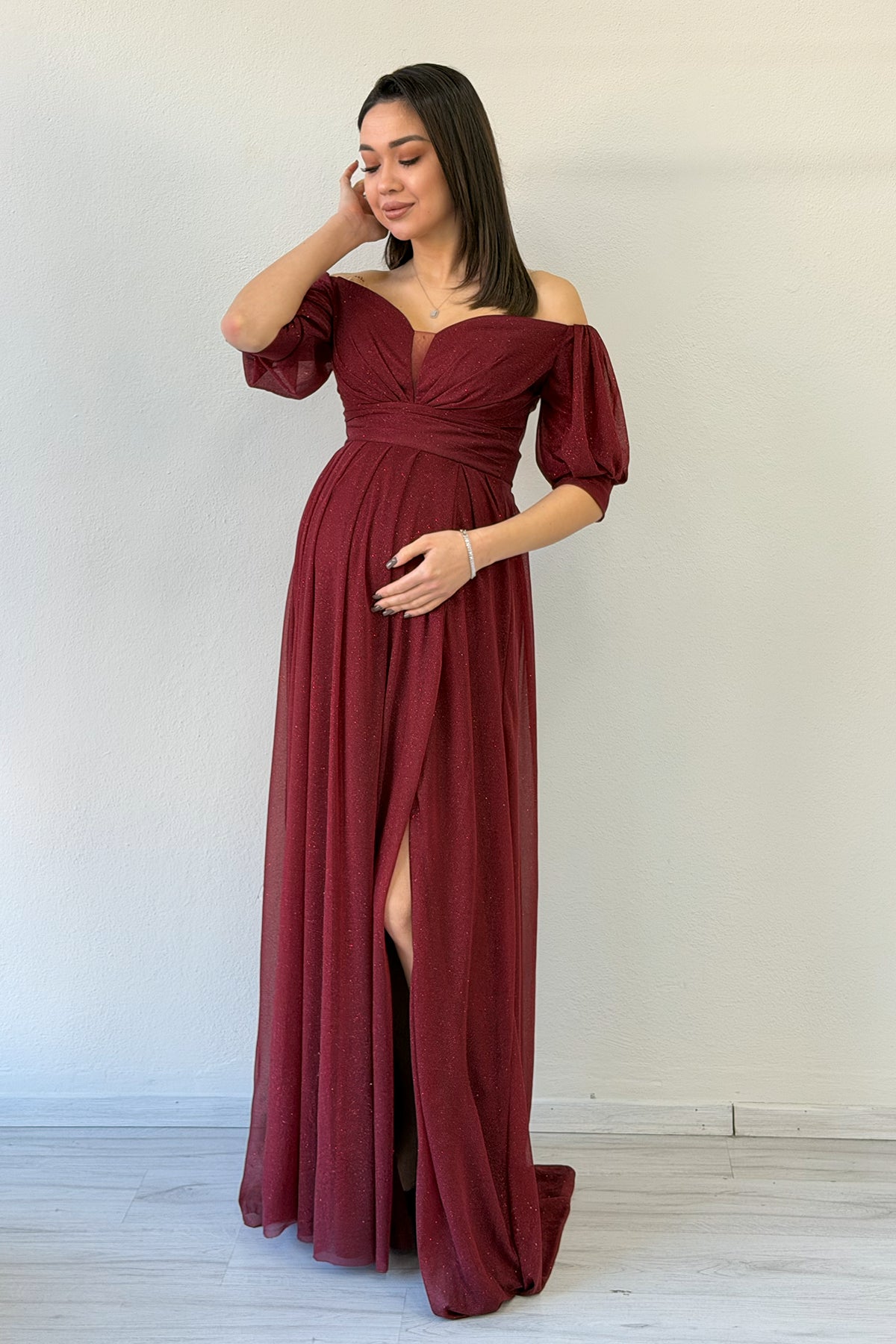 Burgundy Short-Sleeve Maxi Chiffon Evening Dress