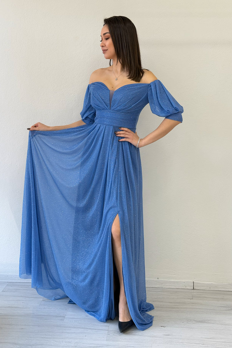 Indigo Short-Sleeve Maxi Chiffon Evening Dress