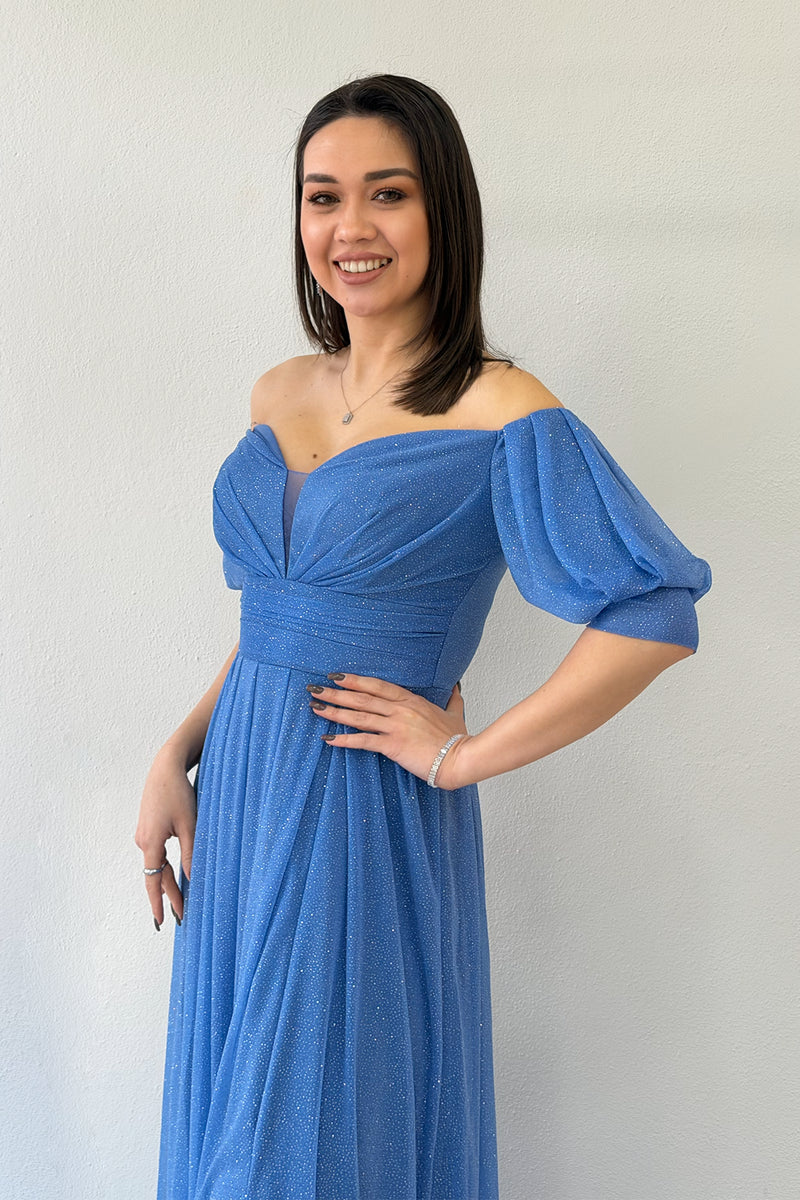 Indigo Short-Sleeve Maxi Chiffon Evening Dress