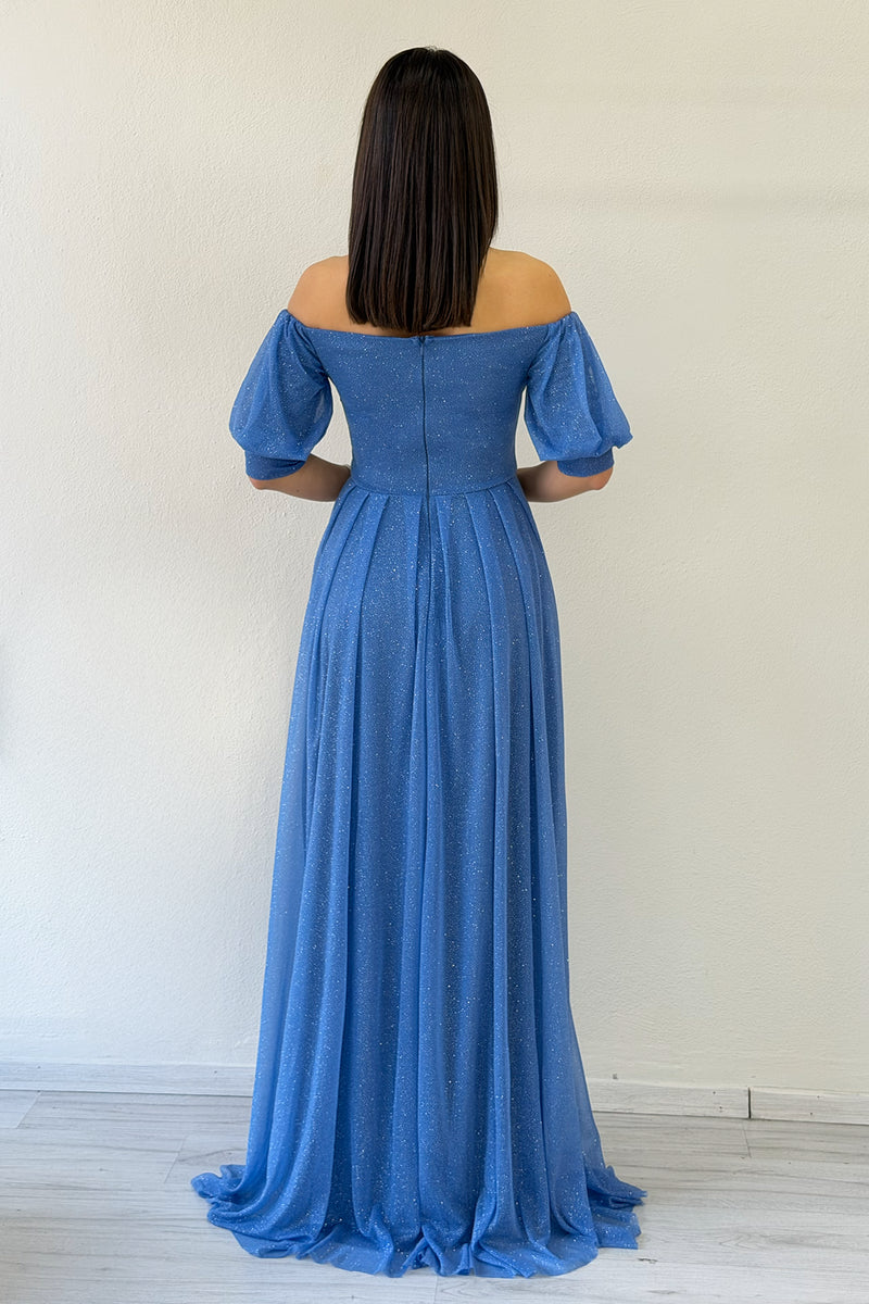 Indigo Short-Sleeve Maxi Chiffon Evening Dress