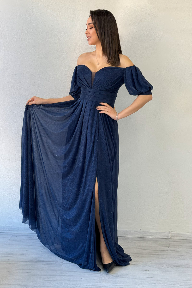Navy Blue Short-Sleeve Maxi Chiffon Evening Dress
