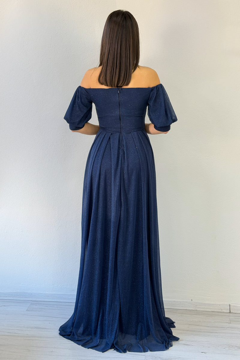Navy Blue Short-Sleeve Maxi Chiffon Evening Dress
