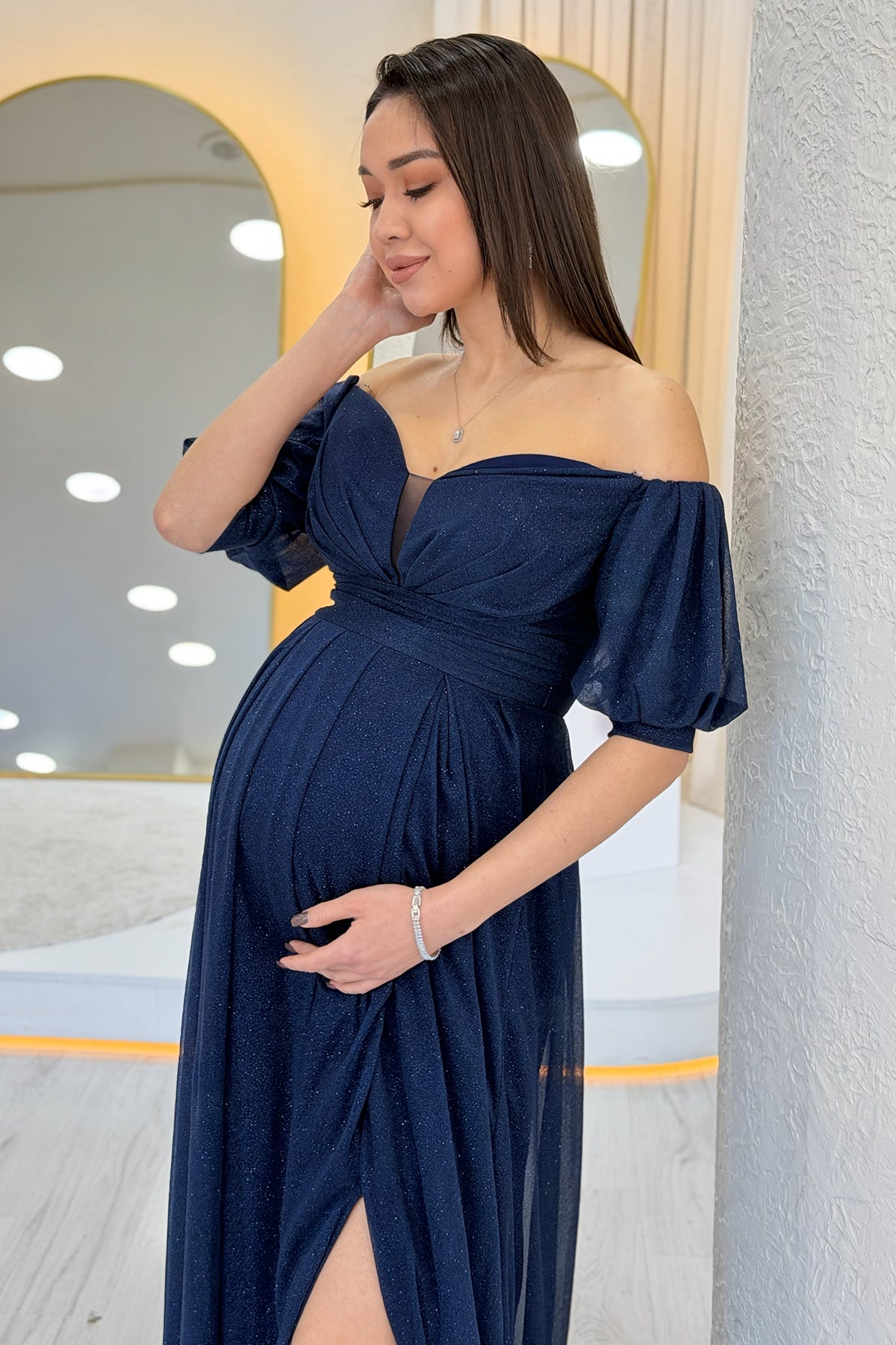 Navy Blue Short-Sleeve Maxi Chiffon Evening Dress