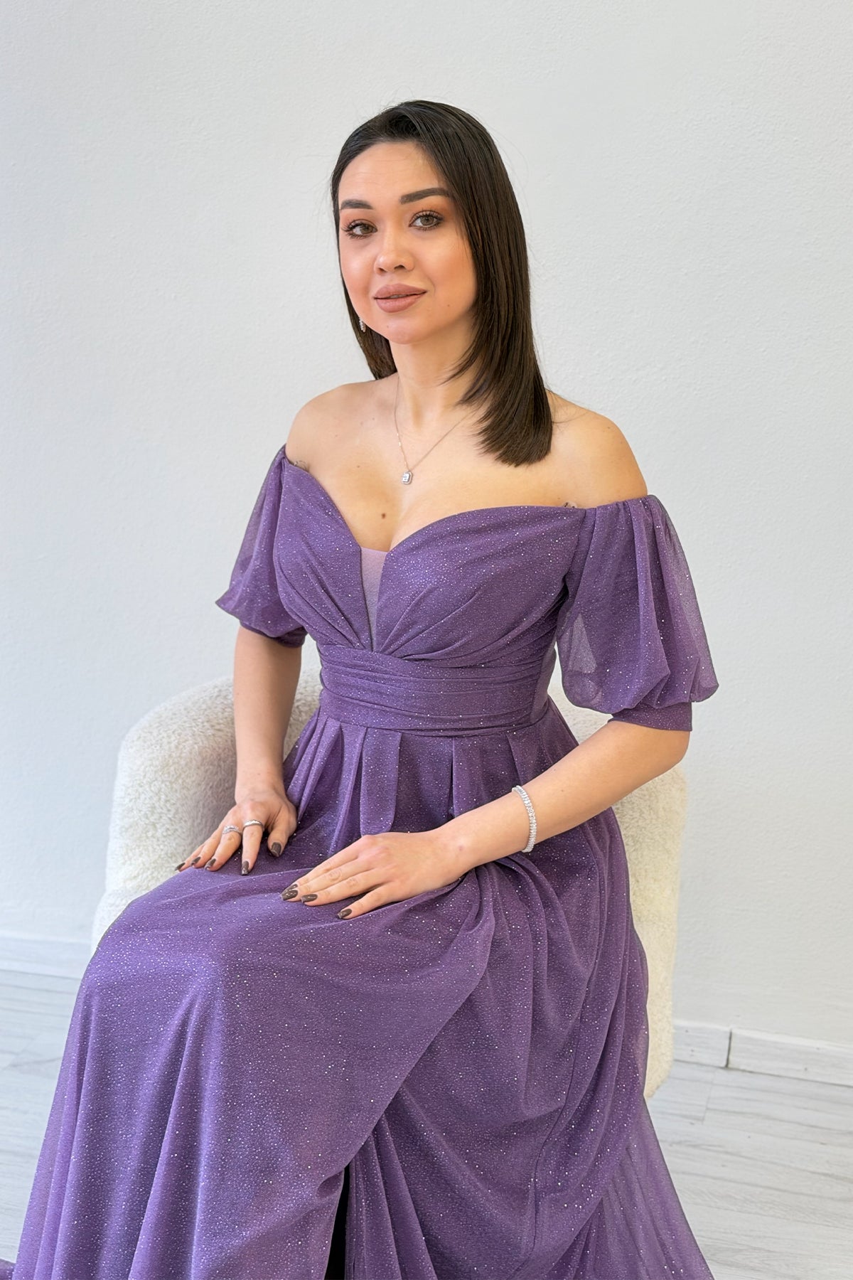 Lilac Short-Sleeve Maxi Chiffon Evening Dress