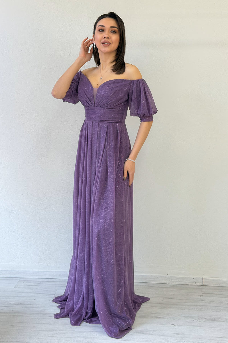 Lilac Short-Sleeve Maxi Chiffon Evening Dress