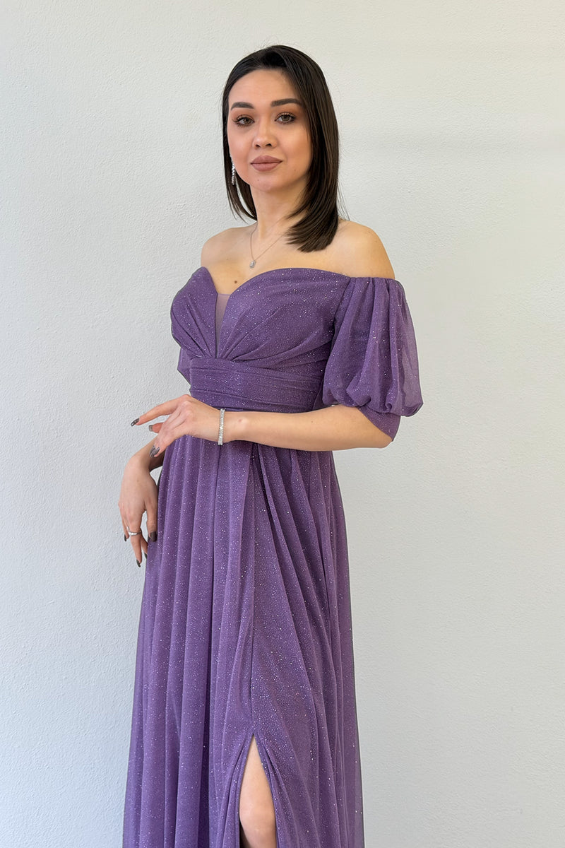 Lilac Short-Sleeve Maxi Chiffon Evening Dress