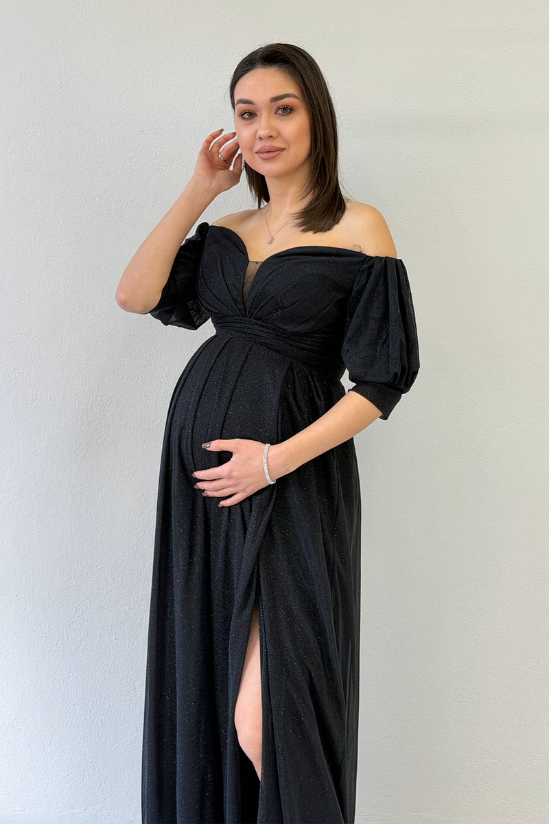 Black Short-Sleeve Maxi Chiffon Evening Dress