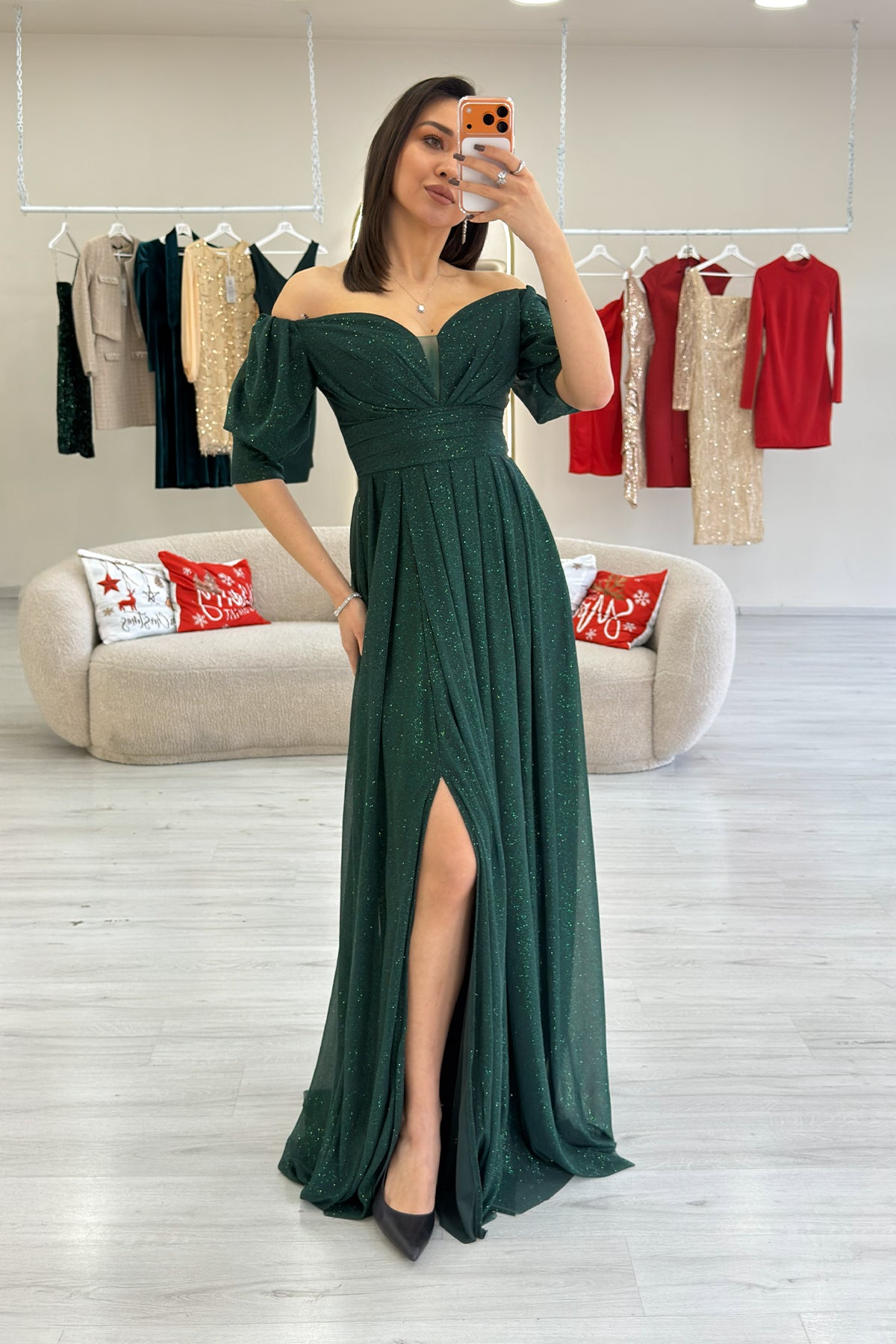 Emerald Green Short-Sleeve Maxi Chiffon Evening Dress