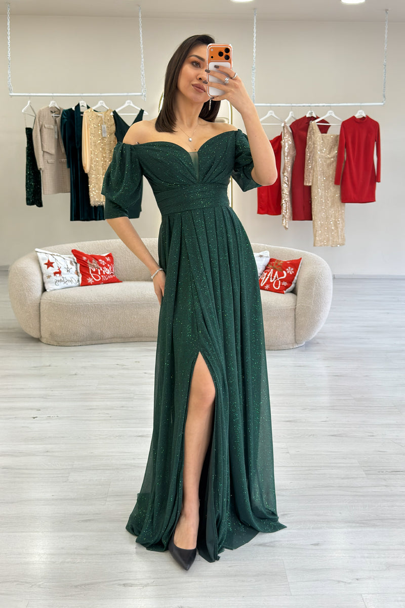 Emerald Green Short-Sleeve Maxi Chiffon Evening Dress