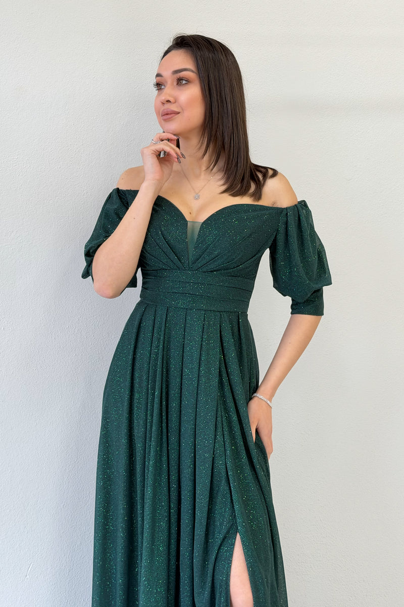 Emerald Green Short-Sleeve Maxi Chiffon Evening Dress