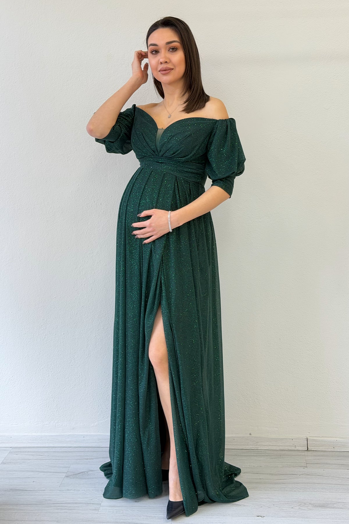 Emerald Green Short-Sleeve Maxi Chiffon Evening Dress