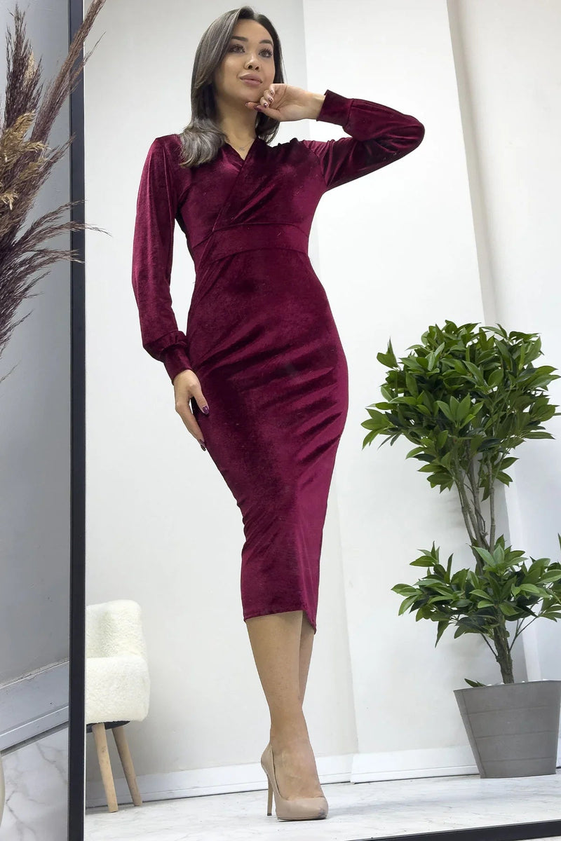 Women's Burgundy Midi Wrap Plus Size Velvet Dress