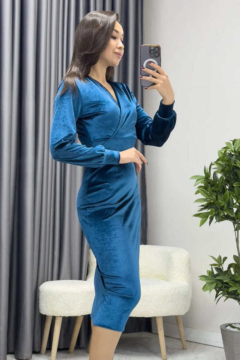 Women's Petrol Blue Midi Wrap Plus Size Velvet Dress